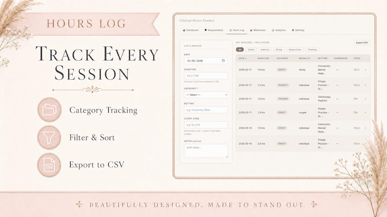 May include: A digital hours log interface with a soft, neutral color palette. The interface includes options for tracking sessions, filtering and sorting data, and exporting to CSV. Text on the image reads "Track Every Session."