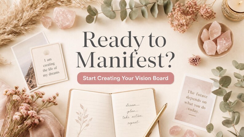 Pu&ograve; includere: Un layout piatto con un taccuino, cristalli, fiori secchi e biglietti con citazioni motivazionali. Il testo "Ready to Manifest?" &egrave; visualizzato sopra un pulsante che dice "Start Creating Your Vision Board."