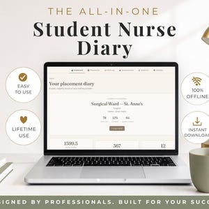 May include: A digital Student Nurse Diary displayed on a laptop screen. The interface shows a dashboard titled Your placement diary, Surgical Ward – St. Anne's, and various metrics. Four circular icons highlight features: Easy to use, 100% offline, lifetime use, and instant download.