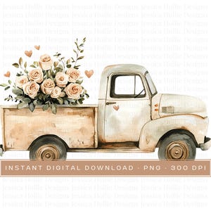 Watercolour valentines truck png clipart, Digital downloads, beige truck with flowers, Truck clipart, Clip art, Valentine Graphics, pngs