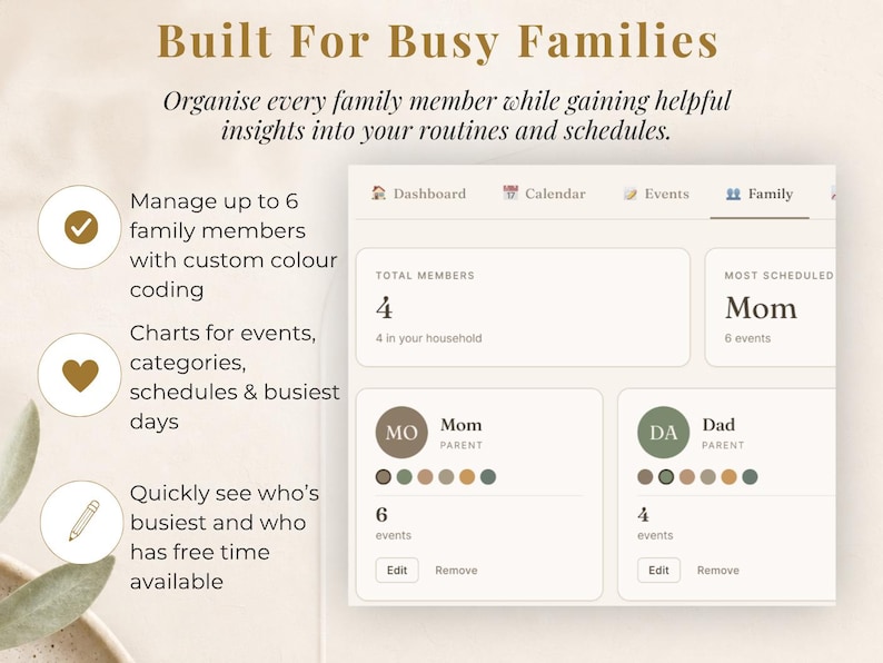 Puede incluir: Interfaz digital de organizador familiar con el texto "Built For Busy Families". La interfaz muestra los horarios de los miembros de la familia, con c&oacute;digo de color para hasta 6 miembros. Incluye gr&aacute;ficos para eventos y un panel para ver horarios.