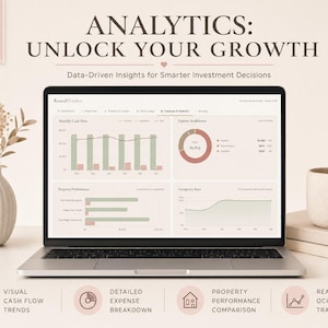 Peut inclure: Un ordinateur portable affiche des analyses de donn&eacute;es avec le texte "ANALYTICS: UNLOCK YOUR GROWTH". L'&eacute;cran montre des graphiques li&eacute;s &agrave; l'investissement immobilier. Un vase avec des fleurs s&eacute;ch&eacute;es, une tasse &agrave; caf&eacute; et des livres sont sur la table.