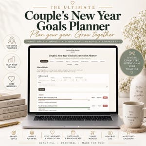 Puede incluir: Un planificador digital de objetivos de Año Nuevo para parejas en la pantalla de un portátil, con secciones para metas compartidas, finanzas y conexión, incluyendo barras de progreso para fondos de emergencia y deudas de tarjetas.