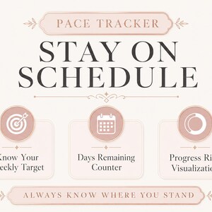 May include: A light beige graphic with the text "PACE TRACKER STAY ON SCHEDULE." It includes icons for weekly targets, a days remaining counter, and progress visualization. Decorative floral elements frame the text.