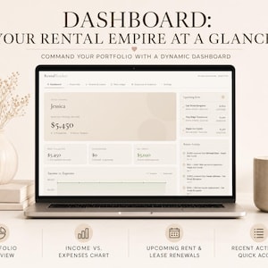Peut inclure: Un ordinateur portable affiche un tableau de bord financier avec le texte "DASHBOARD: YOUR RENTAL EMPIRE AT A GLANCE". L'&eacute;cran montre des donn&eacute;es financi&egrave;res, des graphiques et les prochains renouvellements de loyers. Un vase avec des fleurs s&eacute;ch&eacute;es et une tasse sont sur la table.