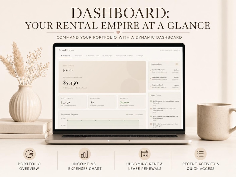 Peut inclure: Un ordinateur portable affiche un tableau de bord financier avec le texte "DASHBOARD: YOUR RENTAL EMPIRE AT A GLANCE". L'&eacute;cran montre des donn&eacute;es financi&egrave;res, des graphiques et les prochains renouvellements de loyers. Un vase avec des fleurs s&eacute;ch&eacute;es et une tasse sont sur la table.