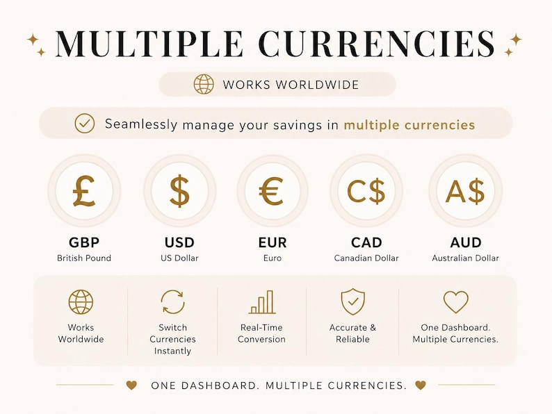 May include: An infographic titled MULTIPLE CURRENCIES featuring a globe icon and the text WORKS WORLDWIDE. It displays five currency symbols: GBP, USD, EUR, CAD, and AUD. Below are icons for global use, currency switching, conversion, and a dashboard.