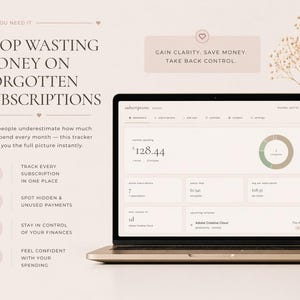 May include: A laptop displaying a financial tracker interface with the text "Stop Wasting Money on Forgotten Subscriptions." The screen shows spending details and subscription information. A vase with dried flowers is on the right.