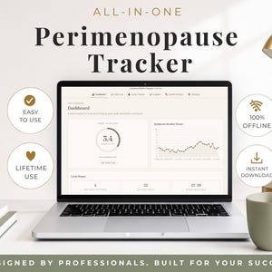 May include: A laptop displaying an All-in-One Perimenopause Tracker dashboard with charts and data. Surrounding circular icons feature text: Easy to Use, Lifetime Use, 100% Offline, and Instant Download. The screen shows a symptom trend graph.