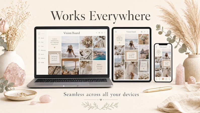 Pu&ograve; includere: Un laptop, un tablet e uno smartphone mostrano una vision board, mostrando un design coerente su tutti i dispositivi. L'immagine presenta una palette di colori neutri con accenti floreali, una penna ed elementi decorativi. Il testo recita "Works Everywhere" e "Seamless across all your devices."