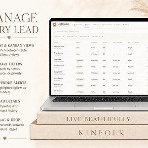 Op de afbeelding: Een laptop met een lead management dashboard, met de tekst "MANAGE EVERY LEAD". Het scherm toont een lijst met contacten met details zoals status en contactgeschiedenis. De laptop staat op een stapel boeken met de titels "LIVE BEAUTIFULLY" en "KINFOLK".