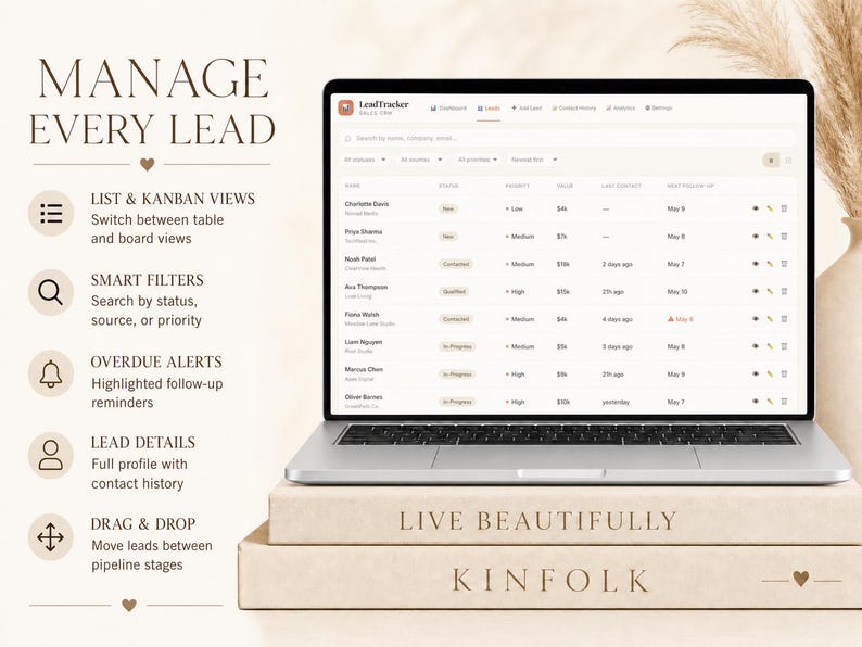 Op de afbeelding: Een laptop met een lead management dashboard, met de tekst "MANAGE EVERY LEAD". Het scherm toont een lijst met contacten met details zoals status en contactgeschiedenis. De laptop staat op een stapel boeken met de titels "LIVE BEAUTIFULLY" en "KINFOLK".
