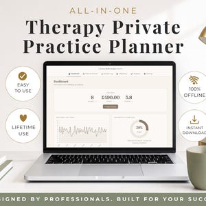 Peut inclure: Un planificateur numérique tout-en-un pour cabinet de thérapie privé affiché sur un écran d'ordinateur portable. L'interface présente un tableau de bord avec des données financières, des graphiques et un suivi. Quatre icônes circulaires indiquent les fonctionnalités : facile à utiliser, utilisation à vie, 100 % hors ligne et téléchargement instantané.