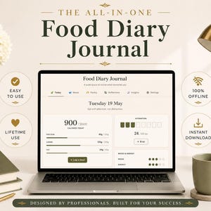 May include: A laptop displaying a food diary journal interface, with text that reads "The All-In-One Food Diary Journal." The image includes a coffee mug, books, and a desk lamp. Text on the screen shows "900/2000" and "24 / 8 oz."