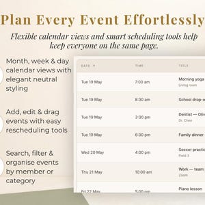 Puede incluir: Interfaz de planificador digital en beige y blanco. El texto dice "Planifique cada evento sin esfuerzo" y destaca funciones como vistas de calendario y herramientas de programaci&oacute;n. El planificador muestra un horario con horarios y t&iacute;tulos de eventos.