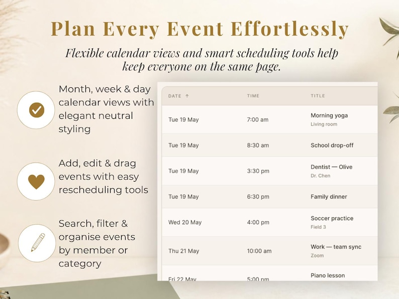 Puede incluir: Interfaz de planificador digital en beige y blanco. El texto dice "Planifique cada evento sin esfuerzo" y destaca funciones como vistas de calendario y herramientas de programaci&oacute;n. El planificador muestra un horario con horarios y t&iacute;tulos de eventos.