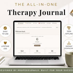 May include: A laptop displaying a "Therapy Journal" interface, with the text "Easy to Use", "Lifetime Use", "100% Offline", and "Instant Download". A gold desk lamp and a green mug are on the desk. The text "Designed by Professionals. Built for Your Success."