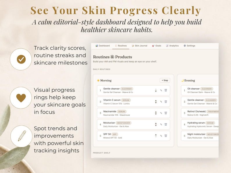 May include: A digital skincare routine dashboard with the text "See Your Skin Progress Clearly." The interface displays daily routines, product lists, and skincare milestones. The design is clean and organized, with a focus on tracking progress.