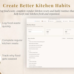 May include: A digital kitchen planner interface titled Create Better Kitchen Habits. It features a Kitchen Reset dashboard with a checklist for fridge, freezer, and pantry tasks, alongside three circular icons for logging waste, resetting, and tracking food habits.