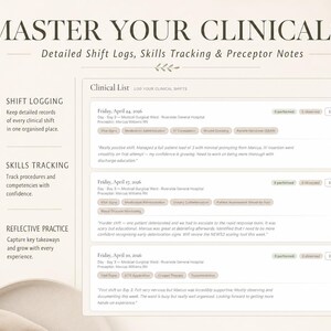 May include: A digital planner titled "Master Your Clinicals" with detailed shift logs, skills tracking, and preceptor notes. The planner includes sections for shift logging, skills tracking, and reflective practice. The text is in a serif font on a light background.