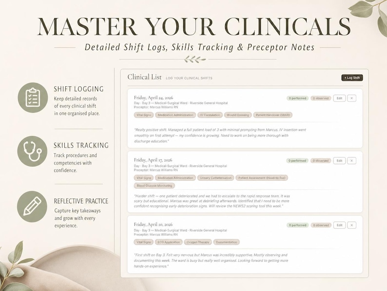 May include: A digital planner titled "Master Your Clinicals" with detailed shift logs, skills tracking, and preceptor notes. The planner includes sections for shift logging, skills tracking, and reflective practice. The text is in a serif font on a light background.