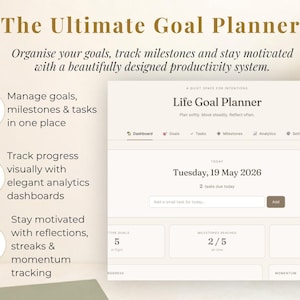 May include: A digital interface for a "Life Goal Planner" is displayed, featuring a dashboard, goals, tasks, and milestones. The text reads "The Ultimate Goal Planner" and highlights features like goal management and progress tracking.