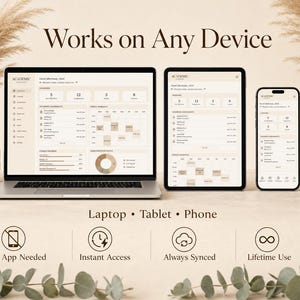 May include: A laptop, tablet, and phone display a digital interface with the text "Works on Any Device." The devices are arranged on a neutral-toned surface with decorative elements. The image includes the text "No App Needed," "Instant Access," "Always Synced," and "Lifetime Use."
