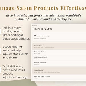 May include: A digital interface displays salon product management features. Text includes "Manage Salon Products Effortlessly" and "Reorder Alerts." Features include inventory catalog, usage logging, and tracking deliveries. The interface shows product names and quantities.