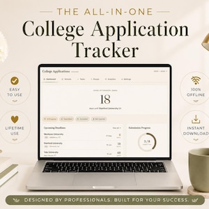 Puede incluir: Un ordenador port&aacute;til muestra una interfaz de seguimiento de solicitudes universitarias. La pantalla muestra los pr&oacute;ximos plazos y el progreso de la presentaci&oacute;n. El texto dice "THE ALL-IN-ONE College Application Tracker". Los iconos indican funciones como "F&aacute;cil de usar".