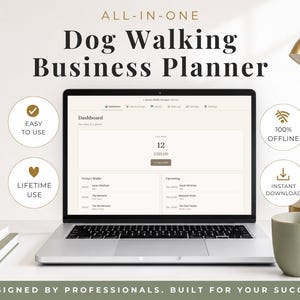 Könnte beinhalten: Ein Laptop-Bildschirm mit einem Dashboard für einen Dog Walking Business Planner. Der Text lautet All-In-One Dog Walking Business Planner, Easy To Use, 100% Offline, Lifetime Use und Instant Download. Die Oberfläche zeigt eine Wochenübersicht.