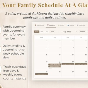 Puede incluir: Interfaz de calendario digital con el texto "See Your Family Schedule At A Glance". El calendario muestra una vista mensual con detalles de eventos. Incluye vista general familiar, l&iacute;nea de tiempo diaria y seguimiento de d&iacute;as ocupados y libres. Dise&ntilde;o limpio.