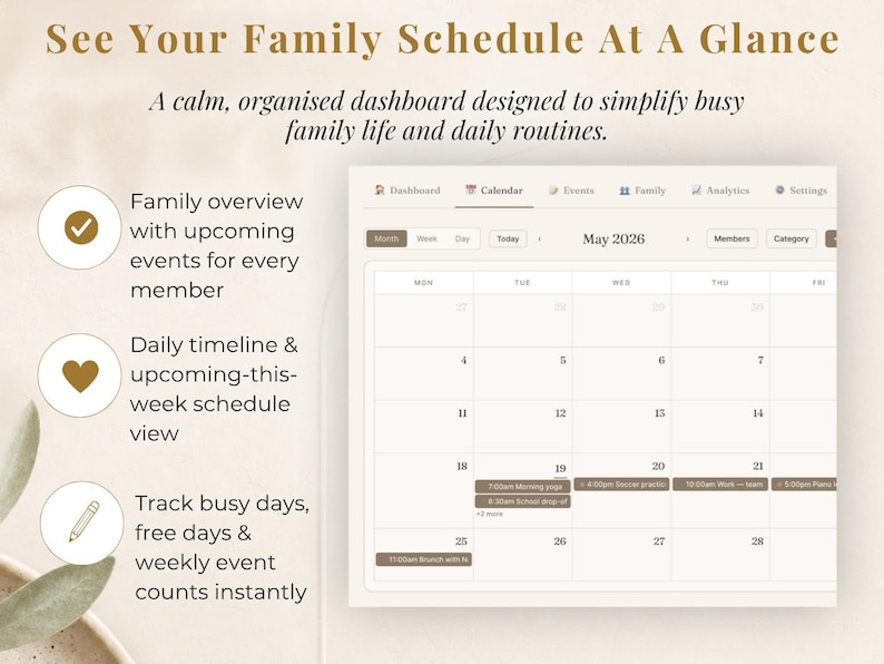 Puede incluir: Interfaz de calendario digital con el texto "See Your Family Schedule At A Glance". El calendario muestra una vista mensual con detalles de eventos. Incluye vista general familiar, l&iacute;nea de tiempo diaria y seguimiento de d&iacute;as ocupados y libres. Dise&ntilde;o limpio.