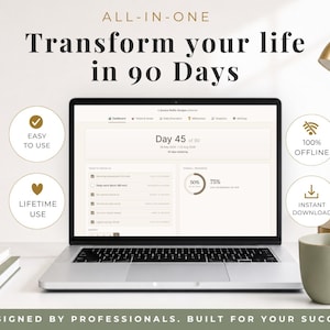 May include: A laptop screen displays a digital planner interface with the text Transform your life in 90 Days. Four circular icons surround the screen, labeled Easy to use, 100% Offline, Lifetime use, and Instant download, with a bottom text banner.