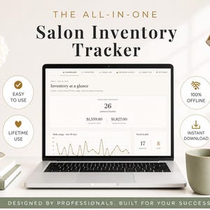 Könnte beinhalten: Ein Laptop mit einer Salon-Inventar-Tracker-Oberfläche. Der Bildschirm zeigt Inventardaten mit dem Text "Salon Inventory Tracker" oben. Es gibt eine Kaffeetasse, eine Lampe und Text mit der Aufschrift "Easy to Use" und "Lifetime Use."