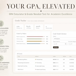 May include: A digital interface with the text "YOUR GPA, ELEVATED" and "GPA Calculator & Grade Needed Tool for Academic Excellence." The interface includes a GPA calculator, grade tracker, and grade needed tool.