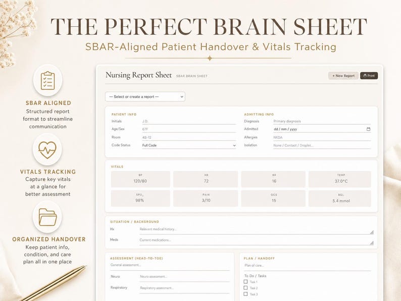 May include: A digital nursing report sheet titled "The Perfect Brain Sheet" with SBAR-aligned patient handover and vitals tracking. The sheet includes sections for patient information, vitals, and assessment, designed for organized patient care and streamlined communication.