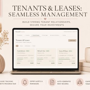 Peut inclure: Un ordinateur portable affichant une interface de suivi de biens locatifs, avec le texte &laquo;&nbsp;Locataires et baux&nbsp;: gestion transparente&nbsp;&raquo;. Un vase avec des fleurs s&eacute;ch&eacute;es et une tasse &agrave; caf&eacute; sont sur le c&ocirc;t&eacute;. L'interface affiche les informations sur les locataires.