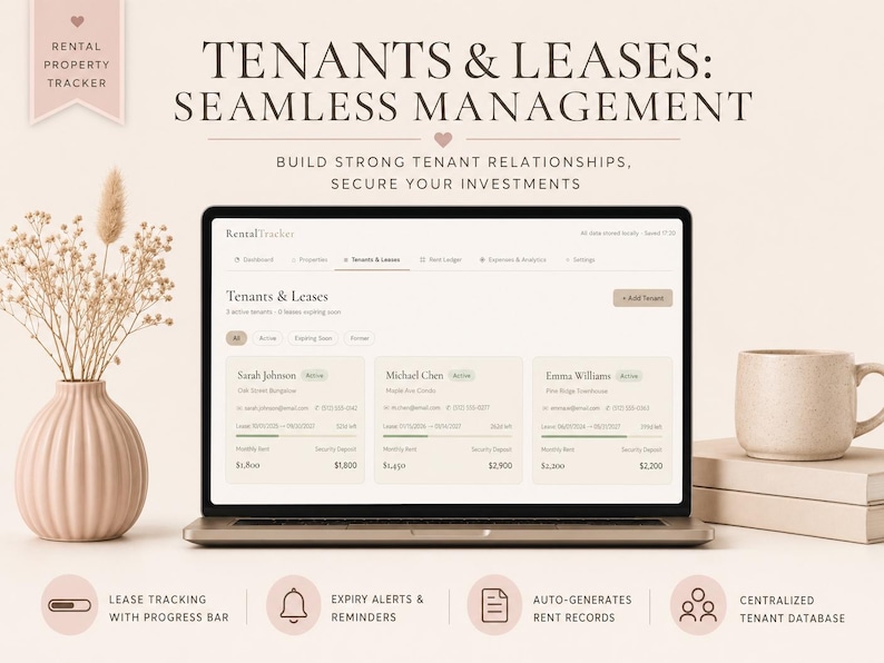 Peut inclure: Un ordinateur portable affichant une interface de suivi de biens locatifs, avec le texte &laquo;&nbsp;Locataires et baux&nbsp;: gestion transparente&nbsp;&raquo;. Un vase avec des fleurs s&eacute;ch&eacute;es et une tasse &agrave; caf&eacute; sont sur le c&ocirc;t&eacute;. L'interface affiche les informations sur les locataires.