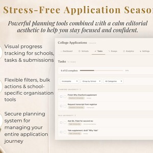 Puede incluir: Interfaz digital para solicitudes universitarias, con una lista de tareas y seguimiento del progreso. El texto dice "A Stress-Free Application Season". La interfaz incluye opciones para escuelas, tareas, ensayos y configuraciones, con filtros flexibles.