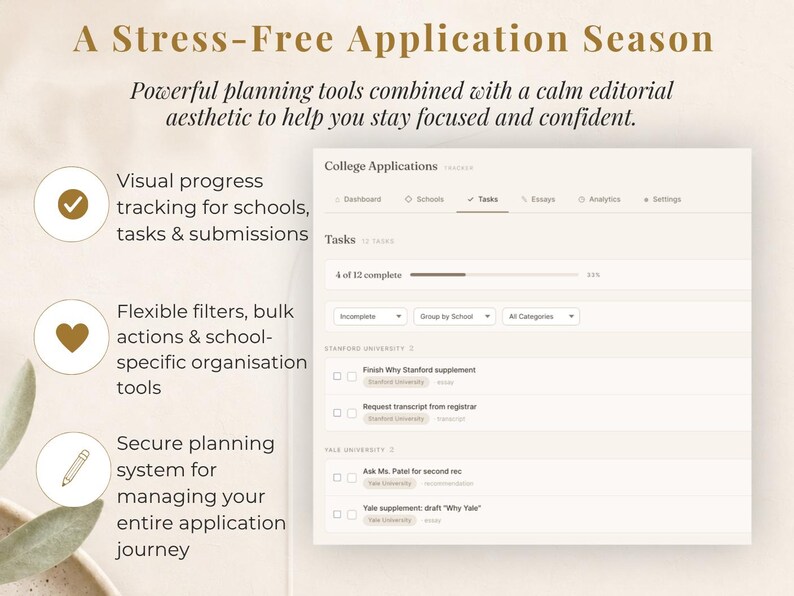 Puede incluir: Interfaz digital para solicitudes universitarias, con una lista de tareas y seguimiento del progreso. El texto dice "A Stress-Free Application Season". La interfaz incluye opciones para escuelas, tareas, ensayos y configuraciones, con filtros flexibles.