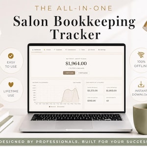 Puede incluir: Una computadora portátil muestra la interfaz "Salon Bookkeeping Tracker", mostrando datos financieros. La pantalla está rodeada de iconos que indican facilidad de uso, uso de por vida, acceso sin conexión y descarga instantánea. También se ven una taza de café, una lámpara y un jarrón con flores.