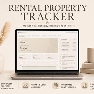 May include: A laptop displaying a rental property tracker interface. The screen shows financial data and property details. The text "RENTAL PROPERTY TRACKER" is at the top. A vase with dried flowers and a coffee mug are on either side.