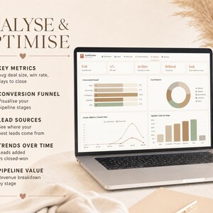 Op de afbeelding: Een laptop met grafieken voor gegevensanalyse. Het scherm toont belangrijke statistieken, conversietrechters, leadbronnen, trends en de pijplijnwaarde. De tekst "ANALYSE & OPTIMISE" staat bovenaan. Een vaas met droogbloemen en boeken staat op de achtergrond.