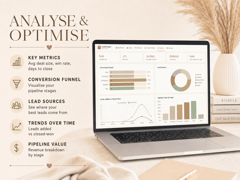 Op de afbeelding: Een laptop met grafieken voor gegevensanalyse. Het scherm toont belangrijke statistieken, conversietrechters, leadbronnen, trends en de pijplijnwaarde. De tekst "ANALYSE & OPTIMISE" staat bovenaan. Een vaas met droogbloemen en boeken staat op de achtergrond.