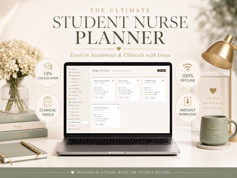 May include: A laptop displaying a student nurse planner interface, with the text "STUDENT NURSE PLANNER." The image includes a coffee mug that says "Future Nurse," a bouquet of flowers, and a gold desk lamp. Additional text includes "GPA CALCULATOR" and "CLINICAL TOOLS."
