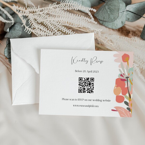 Colourful floral Wedding RSVP card with QR code Template, Editable red rose RSVP card, Modern Wedding Invite, Floral wedding rsvp digital