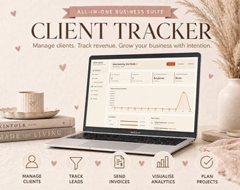 May include: A laptop displaying a "Client Tracker" interface, with the text "Manage clients. Track revenue. Grow your business with intention." A ceramic cup and books are on the table. The image also includes icons for managing clients, tracking leads, sending invoices, visualizing analytics, and planning projects.