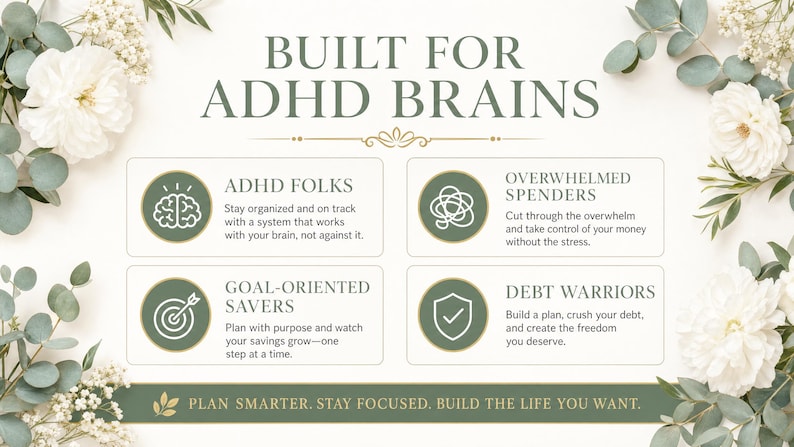 May include: An informational graphic with the text "BUILT FOR ADHD BRAINS" and four sections: ADHD Folks, Overwhelmed Spenders, Goal-Oriented Savers, and Debt Warriors. The design includes floral accents and the tagline "PLAN SMARTER. STAY FOCUSED. BUILD THE LIFE YOU WANT."