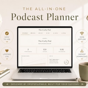 Op de afbeelding: Een laptop met een podcast planner interface, met de tekst "The All-In-One Podcast Planner." Het scherm toont podcast statistieken en de woorden "Easy to Use", "Lifetime Use", "100% Offline" en "Instant Download". Een koffiemok en decoratieve items zijn ook aanwezig.
