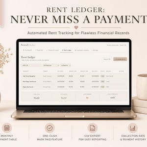 Peut inclure: Un ordinateur portable affiche un registre de loyer avec le texte &laquo;&nbsp;NE JAMAIS MANQUER UN PAIEMENT&nbsp;&raquo;. L'&eacute;cran montre un tableau avec les d&eacute;tails du loyer. Une tasse beige et des livres sont &agrave; droite. Un vase avec des fleurs s&eacute;ch&eacute;es est &agrave; gauche.